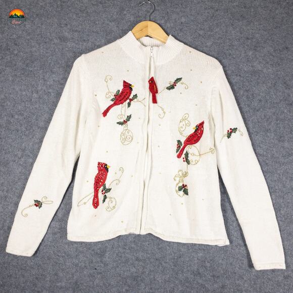 Tiara International Christmas Collection Full-Zip Sweater White Women's Medium - Picture 1 of 12